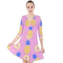 Pop Art Pineapple Seamless Pattern Vector Quarter Sleeve Front Wrap Dress by Sobalvarro