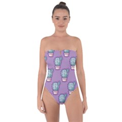 Seamless Pattern Patches Cactus Pots Plants Tie Back One Piece Swimsuit by Vaneshart