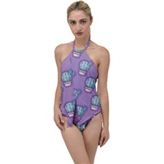 Seamless Pattern Patches Cactus Pots Plants Go With The Flow One Piece Swimsuit by Vaneshart