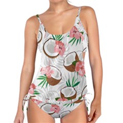 Seamless Pattern Coconut Piece Palm Leaves With Pink Hibiscus Tankini Set by Vaneshart