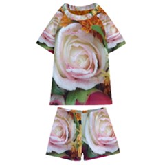 Floral Bouquet Orange Pink Rose Kids  Swim Tee And Shorts Set by yoursparklingshop