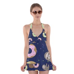 Cute Sloth With Sweet Doughnuts Halter Dress Swimsuit  by Sobalvarro