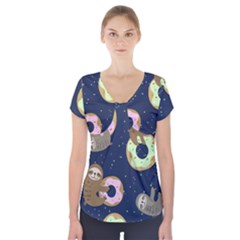 Cute Sloth With Sweet Doughnuts Short Sleeve Front Detail Top by Sobalvarro