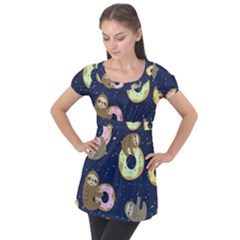 Cute Sloth With Sweet Doughnuts Puff Sleeve Tunic Top by Sobalvarro