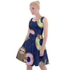 Cute Sloth With Sweet Doughnuts Knee Length Skater Dress by Sobalvarro