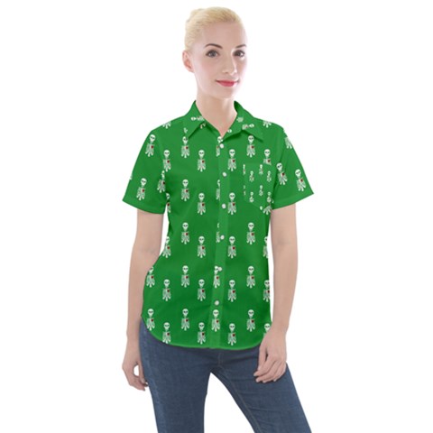 Skeleton Green Background Women s Short Sleeve Pocket Shirt by snowwhitegirl