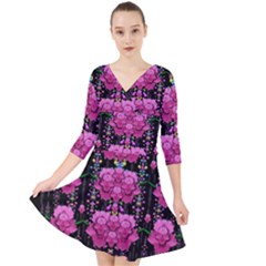 In The Dark Is Rain And Fantasy Flowers Decorative Quarter Sleeve Front Wrap Dress by pepitasart