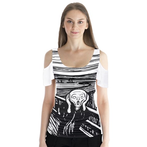 The Scream Edvard Munch 1893 Original Lithography Black And White Engraving Butterfly Sleeve Cutout Tee  by snek
