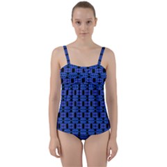 Blue Black Abstract Pattern Twist Front Tankini Set by BrightVibesDesign