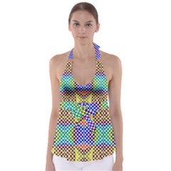 Colorful Circle Abstract White Brown Blue Yellow Babydoll Tankini Top by BrightVibesDesign