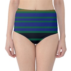 Black Stripes Green Olive Blue Classic High-waist Bikini Bottoms by BrightVibesDesign