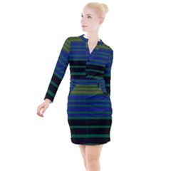 Black Stripes Green Olive Blue Button Long Sleeve Dress by BrightVibesDesign