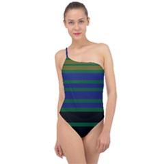 Black Stripes Green Olive Blue Classic One Shoulder Swimsuit by BrightVibesDesign