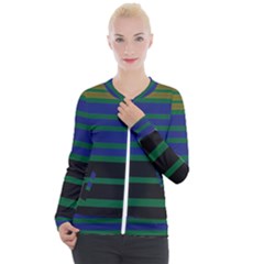 Black Stripes Green Olive Blue Casual Zip Up Jacket by BrightVibesDesign