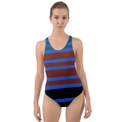 Black Stripes Blue Green Orange Cut-out Back One Piece Swimsuit by BrightVibesDesign