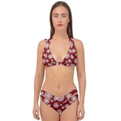 Snowflakes On Red Double Strap Halter Bikini Set by bloomingvinedesign
