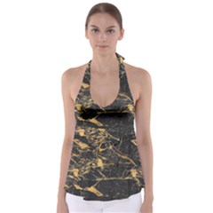 Black Marble Texture With Gold Veins Floor Background Print Luxuous Real Marble Babydoll Tankini Top by genx