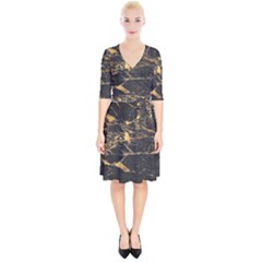 Black Marble Texture With Gold Veins Floor Background Print Luxuous Real Marble Wrap Up Cocktail Dress by genx