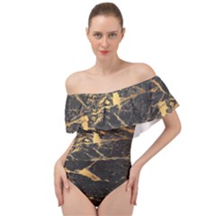 Black Marble Texture With Gold Veins Floor Background Print Luxuous Real Marble Off Shoulder Velour Bodysuit  by genx