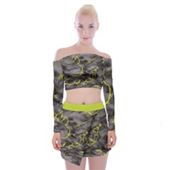 Marble Light Gray With Green Lime Veins Texture Floor Background Retro Neon 80s Style Neon Colors Print Luxuous Real Marble Off Shoulder Top With Mini Skirt Set by genx