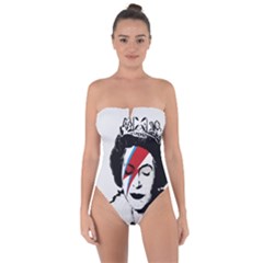Banksy Graffiti Uk England God Save The Queen Elisabeth With David Bowie Rockband Face Makeup Ziggy Stardust Tie Back One Piece Swimsuit by snek