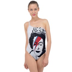 Banksy Graffiti Uk England God Save The Queen Elisabeth With David Bowie Rockband Face Makeup Ziggy Stardust Classic One Shoulder Swimsuit by snek