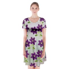 Purple Flower Short Sleeve V-neck Flare Dress