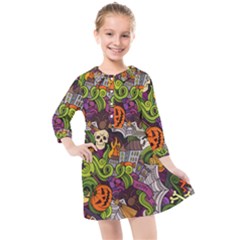 Halloween Doodle Vector Seamless Pattern Kids  Quarter Sleeve Shirt Dress by Sobalvarro