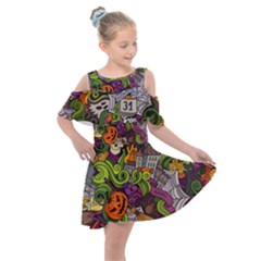 Halloween Doodle Vector Seamless Pattern Kids  Shoulder Cutout Chiffon Dress by Sobalvarro