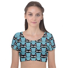 Cute Black Cat Pattern Velvet Short Sleeve Crop Top  by Valentinaart