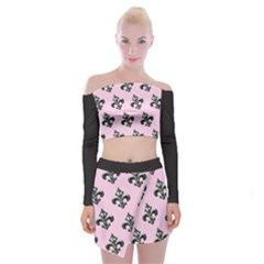 French France Fleur De Lys Metal Pattern Black And White Antique Vintage Pink And Black Rocker Off Shoulder Top With Mini Skirt Set by Quebec