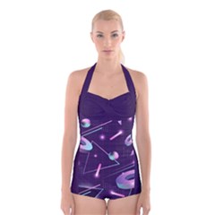 Retrowave Aesthetic Vaporwave Retro Memphis Pattern 80s Design Geometrical Shapes Futurist Pink Blue 3d Boyleg Halter Swimsuit  by genx
