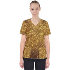 Gold Glitters Metallic Finish Party Texture Background Faux Shine Pattern Women s V-neck Scrub Top by genx