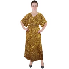 Gold Glitters Metallic Finish Party Texture Background Faux Shine Pattern V-neck Boho Style Maxi Dress by genx