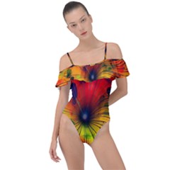 Color Background Structure Lines Frill Detail One Piece Swimsuit by Wegoenart