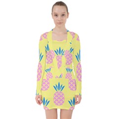 Summer Pineapple Seamless Pattern V-neck Bodycon Long Sleeve Dress by Sobalvarro