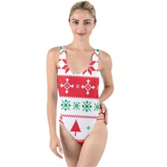 Ugly Christmas Sweater Pattern High Leg Strappy Swimsuit by Sobalvarro