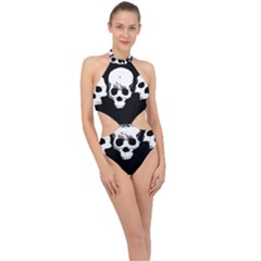 Halloween Horror Skeleton Skull Halter Side Cut Swimsuit by HermanTelo