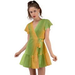 Green Orange Shades Flutter Sleeve Wrap Dress by designsbymallika