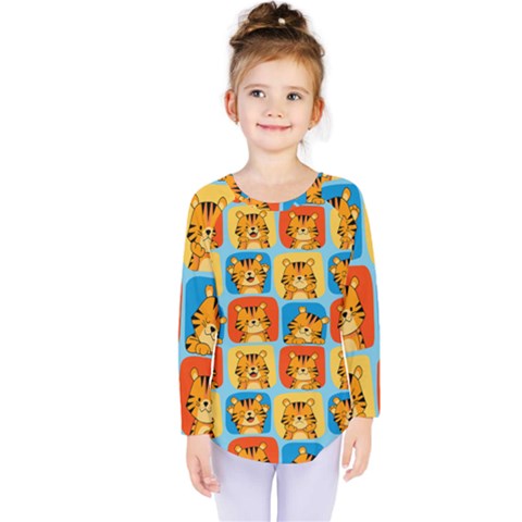 Cute Tiger Pattern Kids  Long Sleeve Tee by designsbymallika