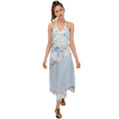 Blue Marble Print Halter Tie Back Dress  by designsbymallika