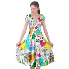 Doodle Pattern Cap Sleeve Wrap Front Dress by designsbymallika