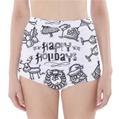 Christmas Seamless Pattern Doodle Style High-waisted Bikini Bottoms by Vaneshart