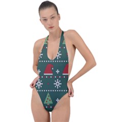 Beautiful Knitted Christmas Pattern Backless Halter One Piece Swimsuit by Vaneshart