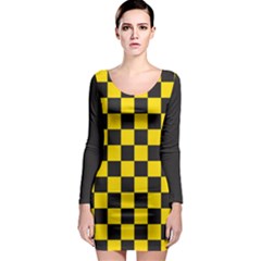 Checkerboard Pattern Black And Yellow Ancap Libertarian Long Sleeve Bodycon Dress by snek