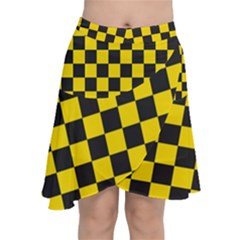 Checkerboard Pattern Black And Yellow Ancap Libertarian Chiffon Wrap Front Skirt by snek