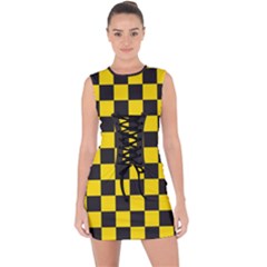 Checkerboard Pattern Black And Yellow Ancap Libertarian Lace Up Front Bodycon Dress by snek