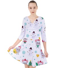 Christmas Seamless Pattern With Cute Kawaii Mouse Quarter Sleeve Front Wrap Dress by Vaneshart