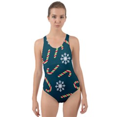 Christmas Seamless Pattern With Candies Snowflakes Cut-out Back One Piece Swimsuit by Vaneshart