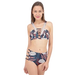 Fashionable Seamless Tropical Pattern With Bright Red Blue Flowers Cage Up Bikini Set by Wegoenart